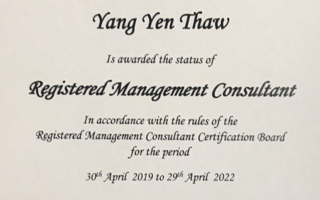 Managing Director, Yang Yen Thaw awarded Enterprise Singapore recognized Registered Management Consultant (RMC)